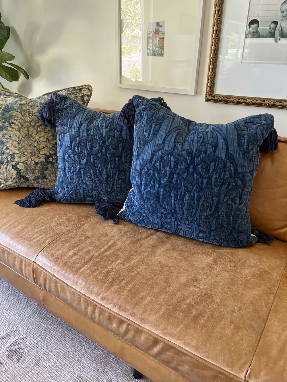 Pair of Pottery Barn Aileen Jacquard Navy Blue Pom Pom Pillow Covers - Picture 2 of 6
